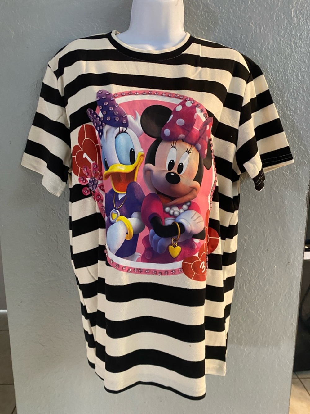 Minnie & Daisy Striped  BeDazlled Graphic Tee - Black & White with Pink